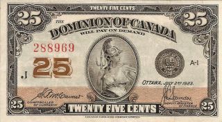 Old Canadian Paper Money Early 1923 Canada Dominion of Canada 25 Cents 