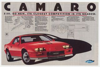 1982 red chevrolet chevy z28 camaro double page ad