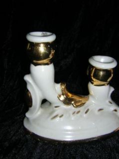 Pair Old Pottery Double Candle Holders 14kt Gold