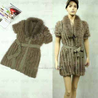 100 Real Knitted Rabbit Fur Long Coat Fox Collar Jackets Outwear Short 