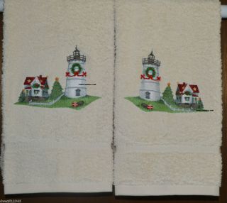 Cape Neddick Lighthouse Maine at Christmas 2 Embroidered Towels by 