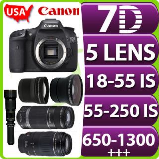 USA Canon EOS 7D 5 Lens Kit 18 55 IS 55 250 IS 650 1300mm 16GB PRIME 