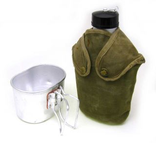   MILITARY SURPLUS Aluminum kidney canteen w/ cup and Canvas Belt Pouch