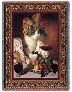 Afghan Throw Caravaggio Bacchus Cat Wine Grapes Leaves
