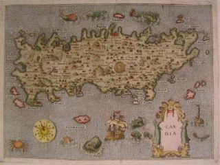 Candia Crete Mediterranean c.1576 Porcacchi engraved color map w/ sea 