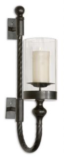 Tuscan Candle Wall Sconce Black Metal w Red Undertones Hurricane Glass 