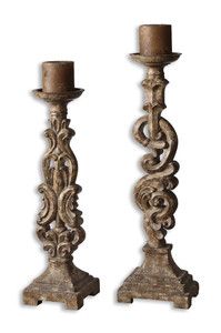 Tuscan s 2 Mocha Brown Pillar Candleholders Carved Scrolling Scroll 