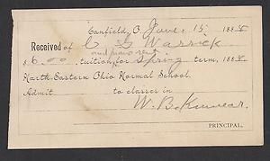 Canfield Oh 1888 Receipt North Eastern Ohio Normal School $6 Spring 