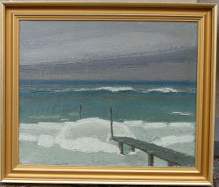 Becker. Powerful expressionist oil. Winter beach with bathing bridge 