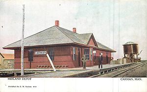 1910 Vintage Postcard Midland Railway Depot Carman Manitoba