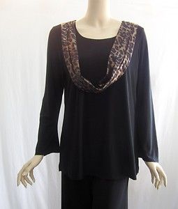 Carolyn Strauss Sz M Leopard Brilliance Drape Neck Black Knit Tunic 