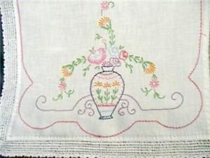 30s Vintage Hand Embroidered Crocheted Table Runner