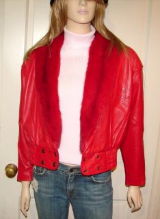 Pierre Cardin Red Leather Bomber Style Jacket Coat with Mink Fur 