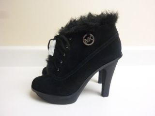 Michael Kors Carlie Faux Fur Lace Up Suede Leather Ankle Boot Black 