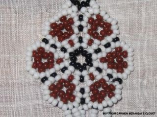 Huichol Indian Beaded Black White Brown Peyote Flower Earrings Mexico 