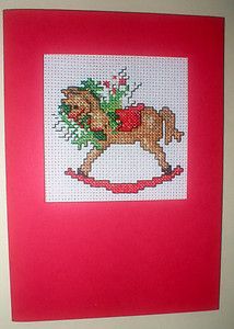 Completed Cross Stitch Christmas Card Rocking Horse