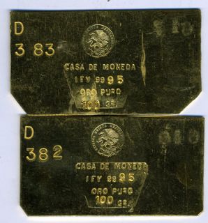 Casa De Moneda 999.5 fine gold bars each weigh 100.0 grams and are 