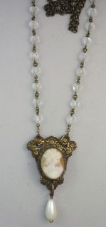 Antique Italian Cameo on French Clear Faceted Beads Necklace Gilt 