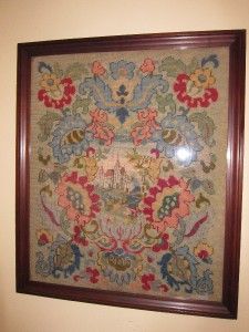 Antique Castle Needlepoint Petit Point Hand Made Wall Hanging Tapestry 
