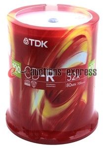100 Pack TDK CD R 52x Branded CDR Blank Media Discs 47896 80min 700MB 
