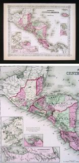 1866 Johnson Map Central America Guatemala Honduras Nicaragua Costa 