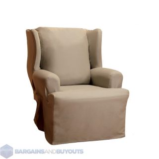 Sure Fit Cotton Duck Wing Chair Slipcover (T Cushion) in Linen