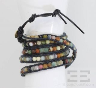 Chan Luu Multicolor Beaded Gemstone Navy Leather Cord Wrap Bracelet 