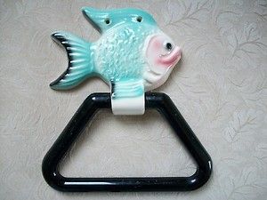 RARE 1950 Vintage Ceramic Fish Towel Bar Holder Hanger Mermaid Bath 
