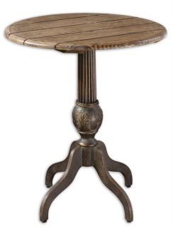Accent Side End Table Round Wood Plank Top Natural Grey Wash Finish 