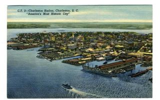 charleston south carolina harbor linen postcard 1951
