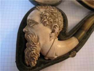 19thC Meerschaum Charles Dickens Figural Head Pipe with Case EX 