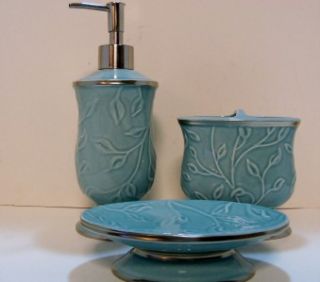 Blue Vines 3pc Bath Set Ceramic Soap Lotion Dish Toothbrush Holder 