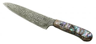 HANDMADE DAMASCUS CHEF / KITCHEN KNIFE WITH WHITE ABALONE HANDLE