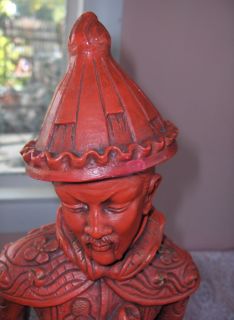 Pair Vintage Chinese Man Woman Chalk Ware Statues Mandarin Red 24 