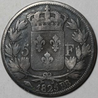 1825 BB RARE Charles x Silver 5 Francs Strasbourg Mint Large French 