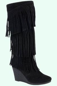 Fringe Boots Indian Cherokee Moccasin Style 3 Tier Layer Faux Suede 