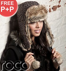   Ladies Brown Leopard Print Trapper Hat Girls Russian Winter Hat