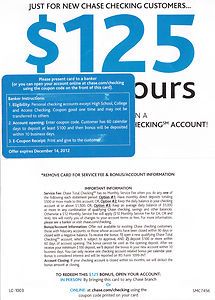 Chase Checking Account $125 Bonus Gift Card Coupon Online or in Person 