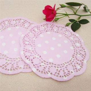 Pink Round Polk Dot Lovely Paper Doilies Lace Grease Proof 25pcs