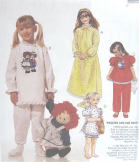Childs Nightgown Pajamas Pattern 7749 Raggedy Ann Andy
