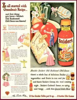 Grandmas Recipe Book in 1945 Sniders Chili Sauce Ad
