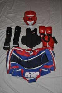 ATA Childrens Tae Kwon do Sparring Gear Lot Bag Chest Protector Helmet 