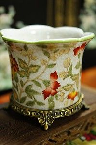 Oriental Chinese Crackled Porcelain Planter Orchid Pot Antiqued Brass 