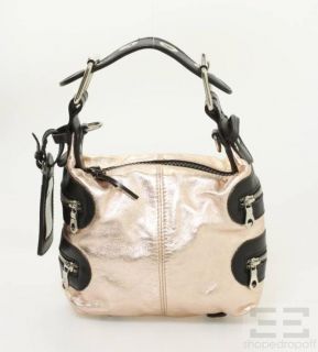 Chloe Metallic Rose Gold Black Leather Small Simple Zip Handbag New 
