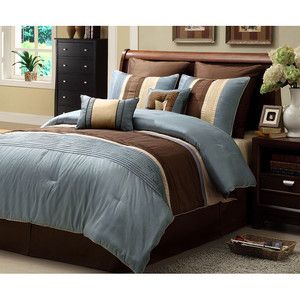 Beautiful 8 PC Blue with Chocolate Brown Trim Comforter Set Queen King 