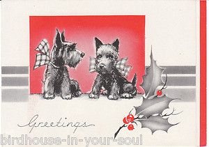 Vintage Christmas Card Scottish Terrier Dogs Scottie Dogs Scotty Art 