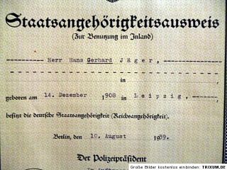 German Reich citizenship ID certificate   Berlin 1939   killed in