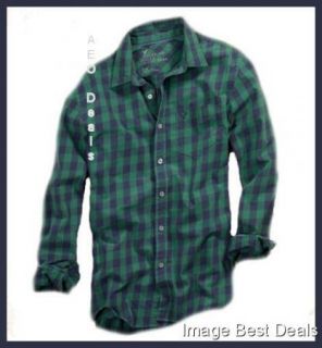  Mens Athletic Fit Green and Blue Plaid Shirt New Free Shipping
