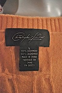CHRISTOPHER FISCHER CAMEL 100% Cashmere V Neck Cable Sweater L
