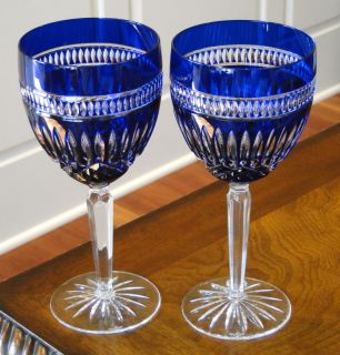 Waterford Serenity Clarendon Wine Goblets Glasses Pair Cobalt Blue